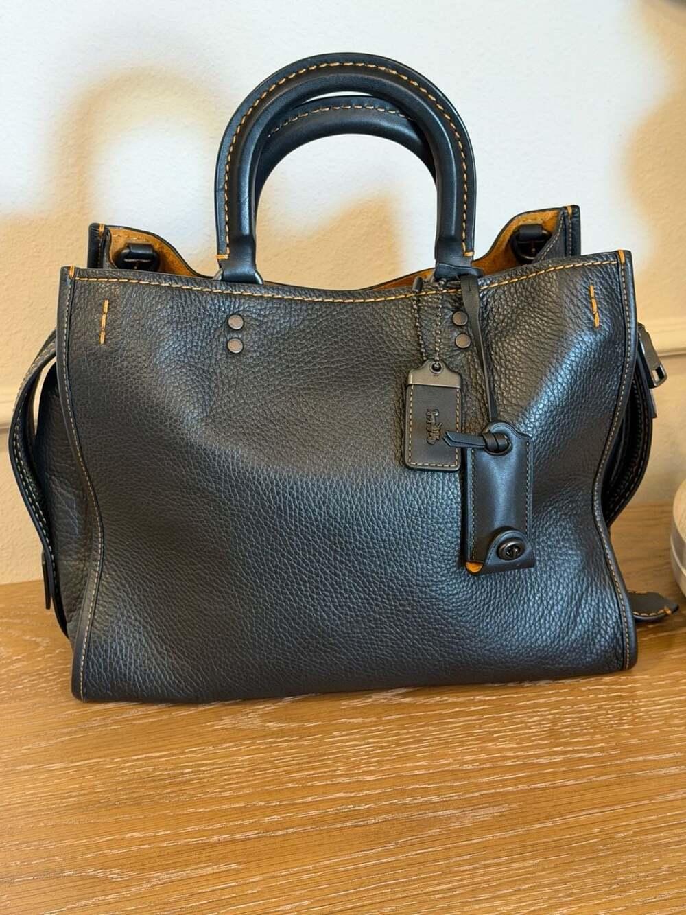Coach Rogue 25 in Black Glovetanned Pebble Leather with Mustard Suede Lining